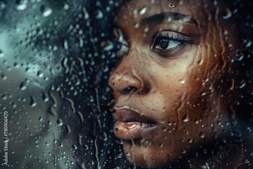 CloseUp of a Thoughtful Black Woman's Face Through Raindrops, Symbolizing Mental Health Awareness 