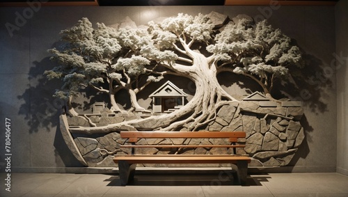 AI generated illustration of a wooden bench in the foreground of a vibrant outdoor tree sculpture