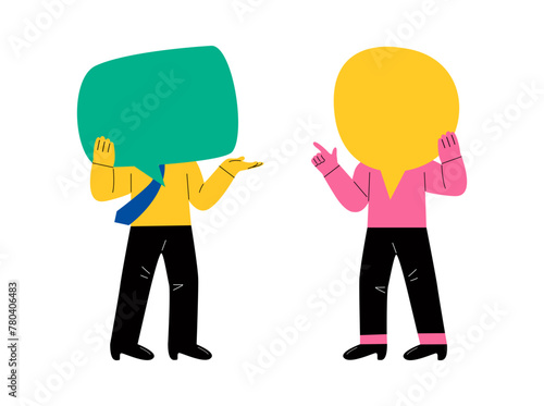 Business man and business woman holding large speech message bubbles with instead of heads. Flat vector illustration isolated on white background