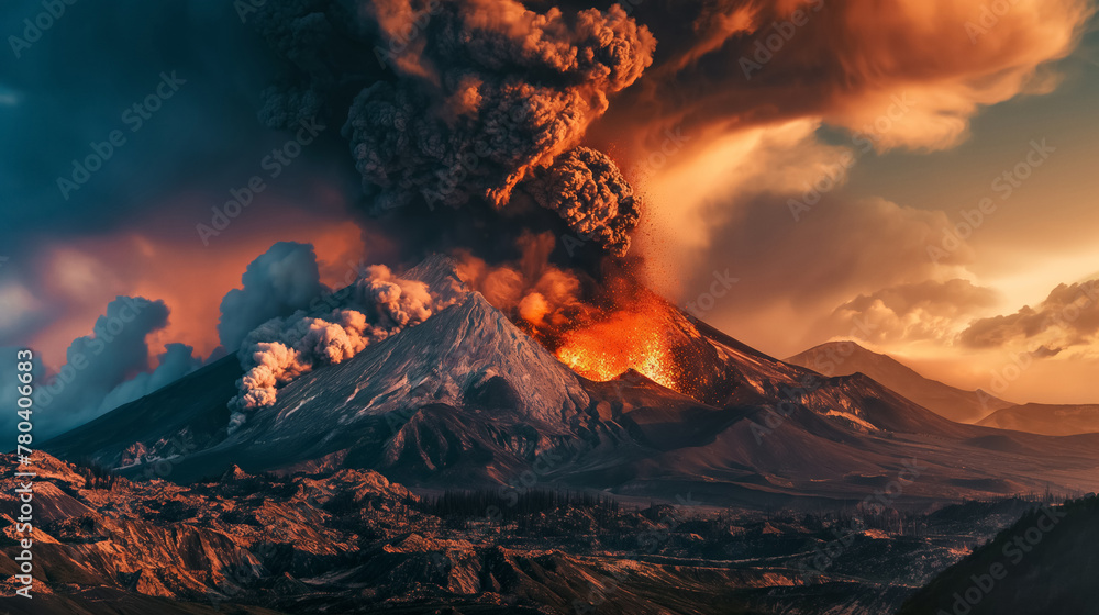 Majestic volcano violently erupting, with smoke and lava under a dramatic sky.