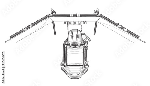 Electronic wheel technology for computer game, vector illustration. Race gaming simulator contour. Learn to drive with gaming wheel. Driving school, simulation driving lesson. Car racing video game