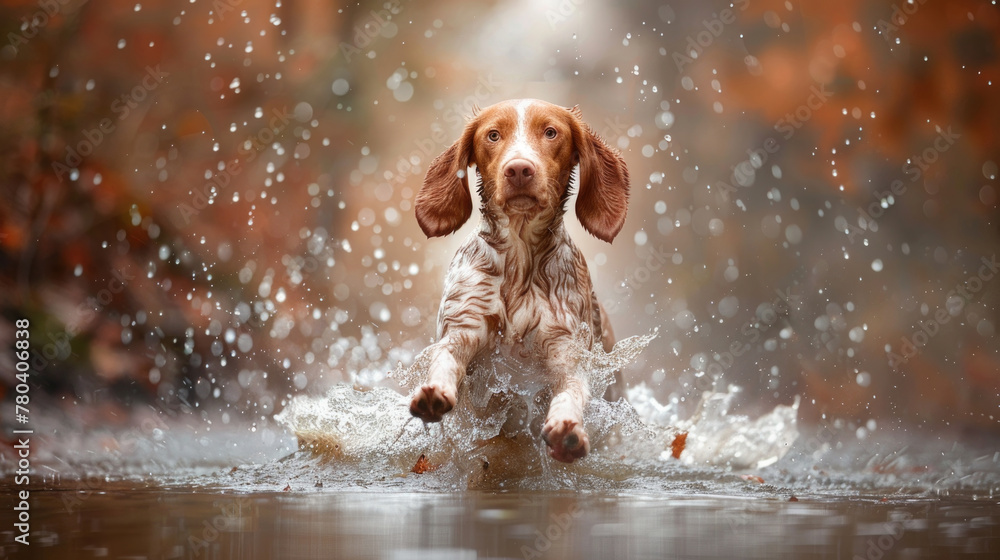 A brown and white dog splashing through a puddle of water on a sunny day