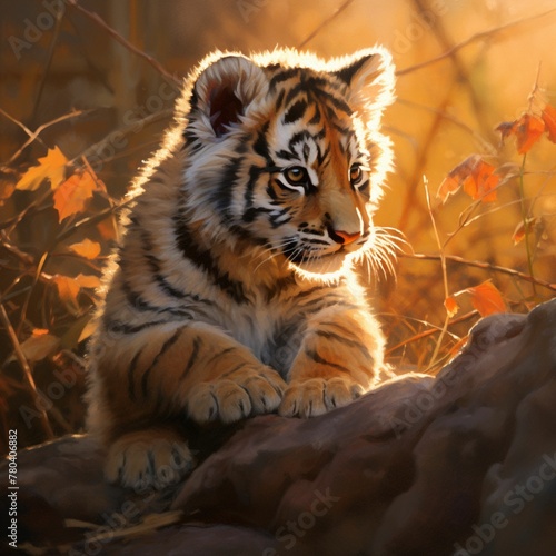 AI generated illustration of a vibrant painting of a tiger cub atop a large rock