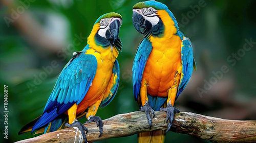 Two vividly colored parrots are sitting on a tree branch, showcasing their vibrant feathers and animated expressions in their natural habitat