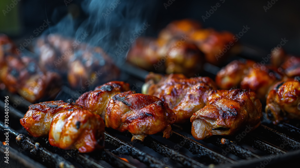 Juicy chicken skewers sizzling on a grill with smoke rising, evoking a mouthwatering aroma.
