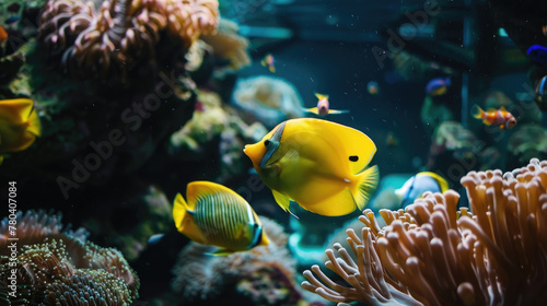 A school of yellow fish swimming together in an aquarium tank, displaying graceful movement and vibrant colors photo