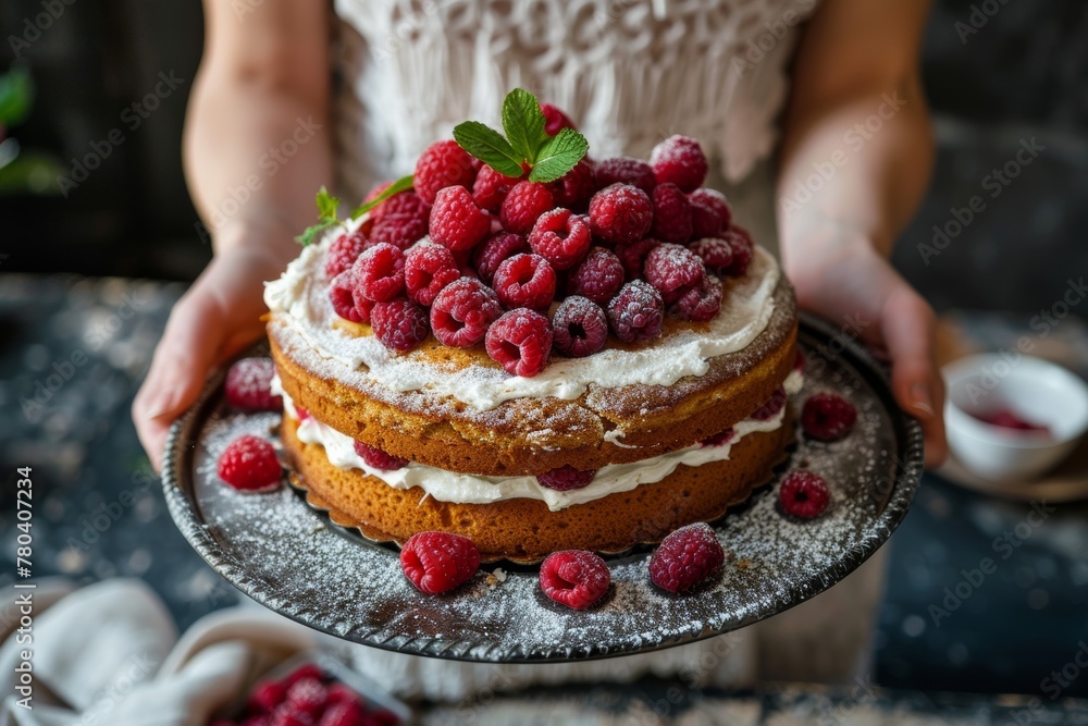 AI generated illustration of a woman holding a cake topped with whipped cream and fresh raspberries AI generated illustration of a woman holding a cake topped with whipped cream and fresh raspberries