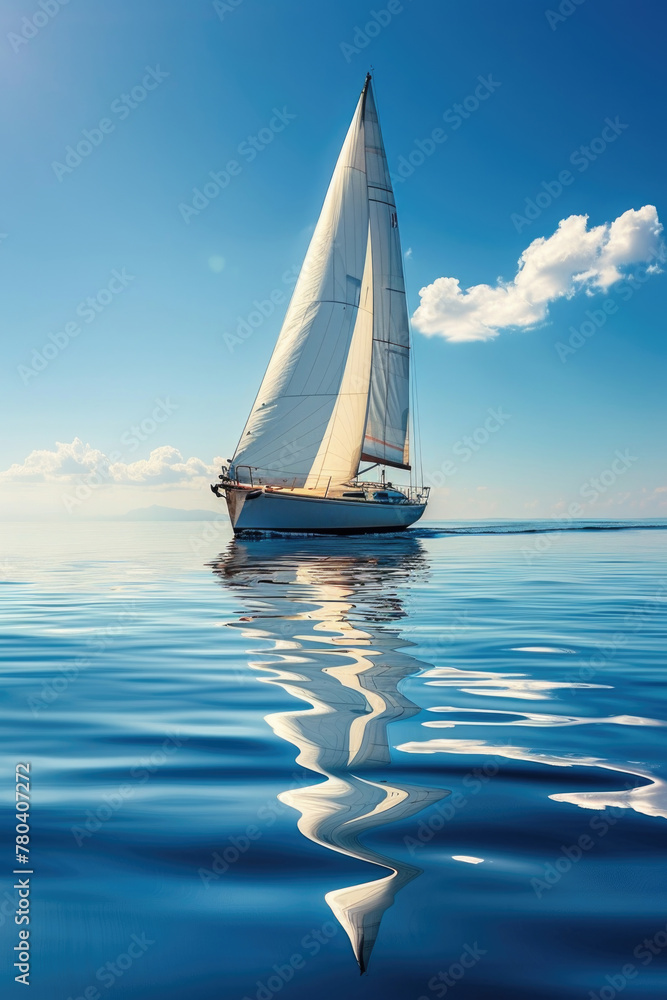 A sailboat peacefully drifts on the ocean water under a clear blue sky on a sunny day, creating a serene scene