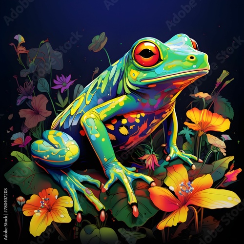AI generated illustration of a vibrant amphibian perched atop a bed of lush greenery