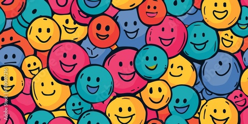 Colorful happy emoji faces pattern, smiling smiley characters in the same style, AI Generated.
