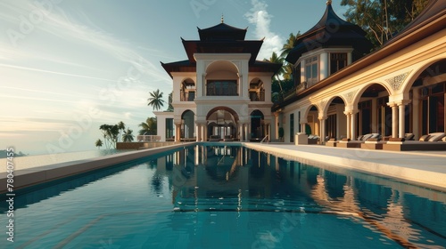 a seven-floor residence, boasting a pool and kid's club, alongside a luxurious lounge, all infused with the exotic charm of Arabic-Thai architectural style.