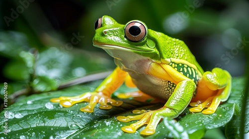 Closeup of a green tree frog on a wet leaf, AI-generated.