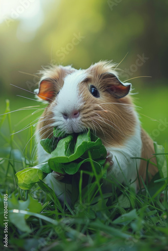 A brown and white guinea pig munching on a leaf of lettuce in a close-up view photo