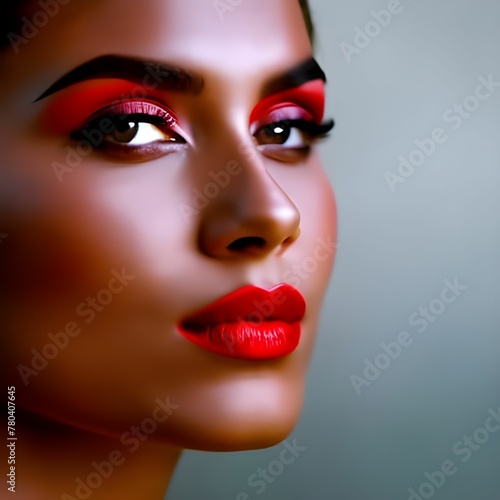 Beautiful female model with red lips and long, fluttery eyelashes. Ai generated