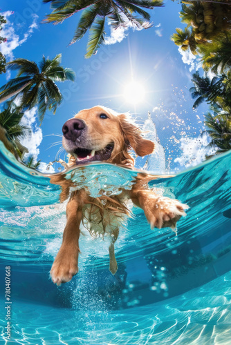 A dog happily swims in the ocean, with tall palm trees swaying in the background under a clear sky
