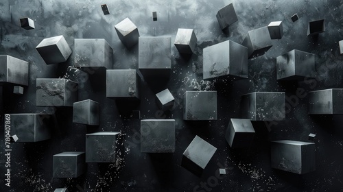 Abstract composition of dark, textured cubes floating with dust particles in a dark, ethereal space. Generative AI