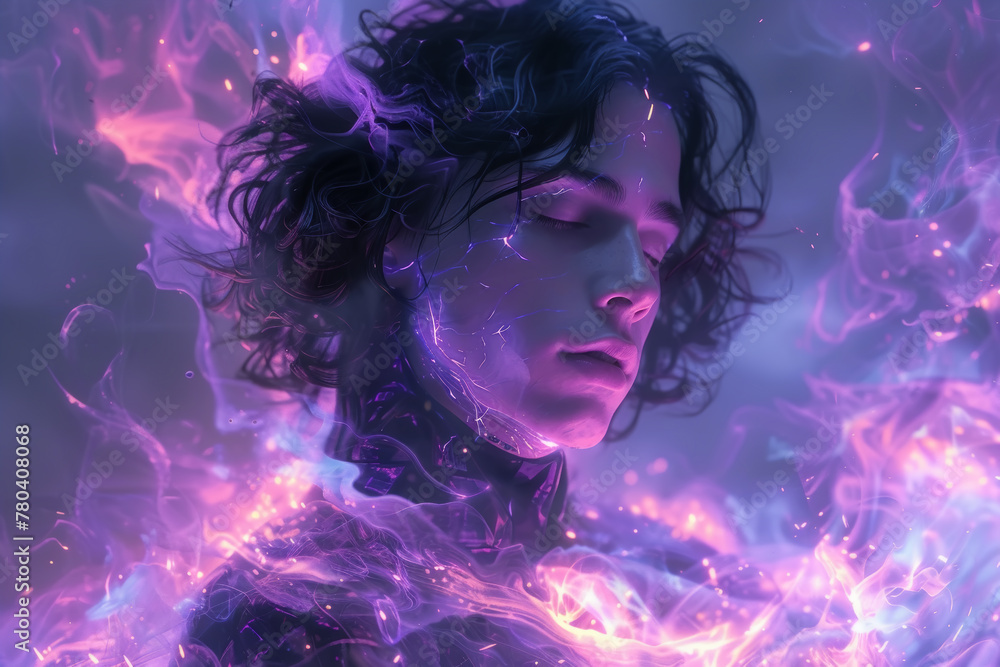 A digital illustration of a male figure immersed in a cosmic purple plasma-like environment, Generative AI