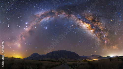 The night sky with the Milky Way galaxy prominently visible in the background, showcasing a cosmic display of stars and celestial bodies © sommersby