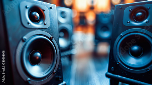 Multiple black modern loudspeakers arranged closely, with focus on the nearest speaker cone and blurred background. Audio equipment display. photo