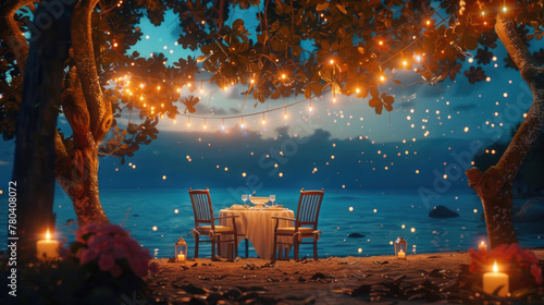 An elegant table for two under a tree with fairy lights, surrounded by candles with the ocean in the background
