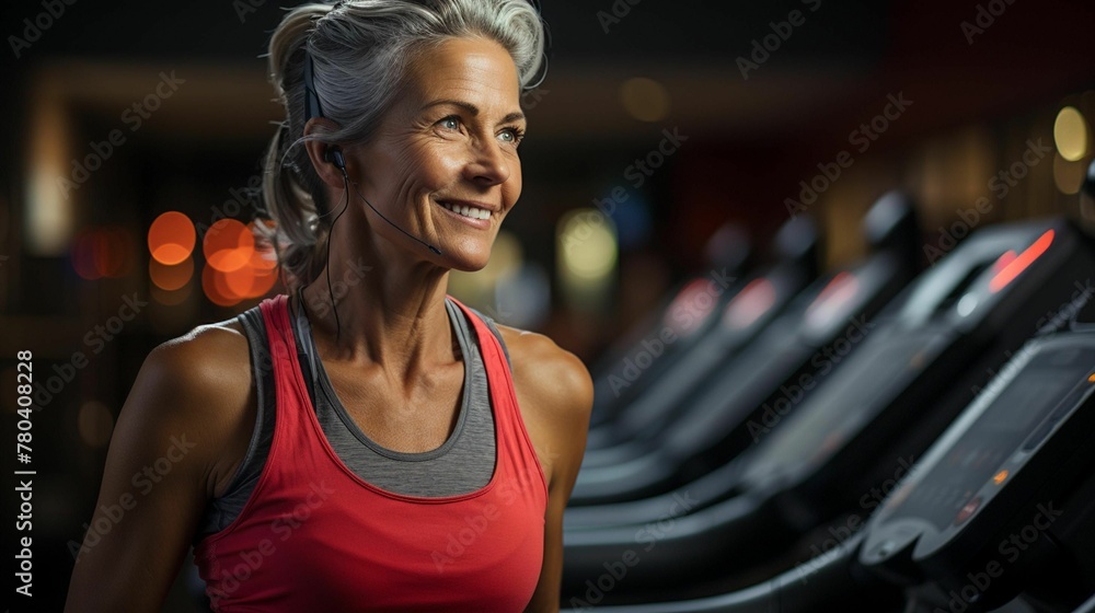 AI generated illustration of an elderly woman in a sports wear at a gym