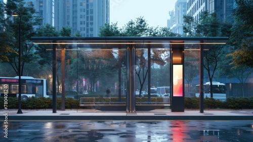 a bus stop featuring a sleek glass roof, a vertical poster adorning the wall, and a comfortable bench, set against the backdrop of a modern cityscape bustling with activity. © lililia