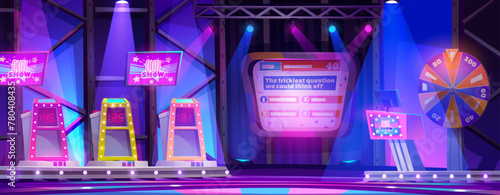 Quiz tv show stage with player platforms and presenter podium. Studio interior for recording contest with questions. Cartoon vector scene with screen and player panels, spotlight and spinning wheel. photo