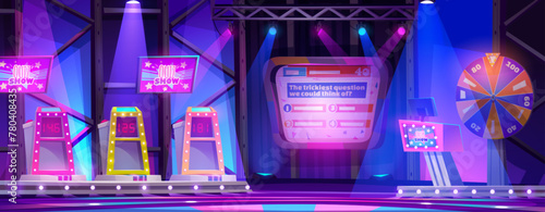 Quiz tv show stage with player platforms and presenter podium. Studio interior for recording contest with questions. Cartoon vector scene with screen and player panels, spotlight and spinning wheel.
