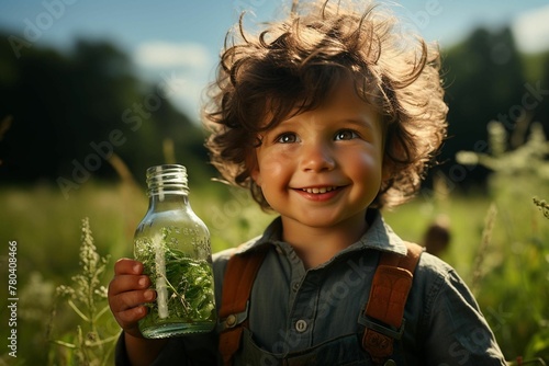 young child stands proudly in a grassy meadow while holding a glass jar filled with plants and water © Wirestock