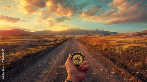 Hand with compass at mountain road at sunset sky