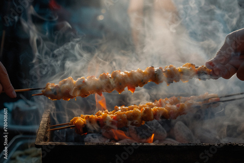 A hand holding a street food skewer against a backdrop of steam and sizzle