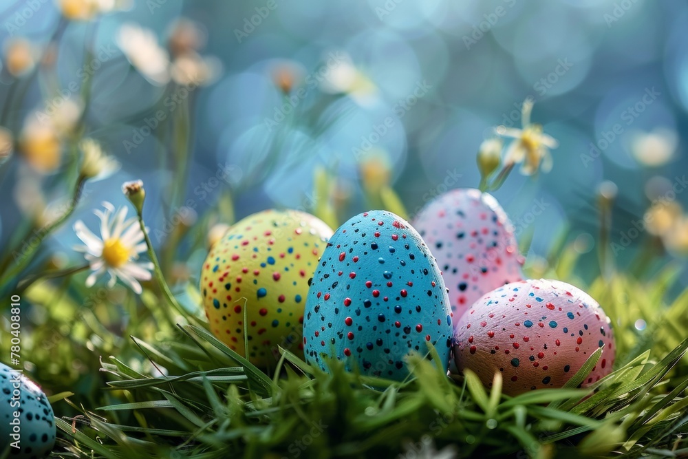AI generated illustration of Easter eggs in grass with sunlight beam AI generated illustration of Easter eggs in grass with sunlight beam