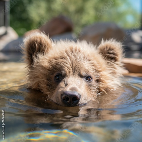 a bear is in a body of water looking into the camera