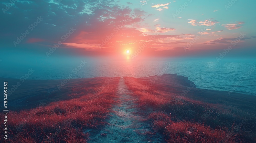 A serene path leads towards the vast ocean, invitingly illuminated by the soft, warm glow of a breathtaking sunset. Generative AI