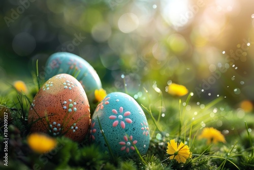 AI generated illustration of Easter eggs in grass with sunlight beam