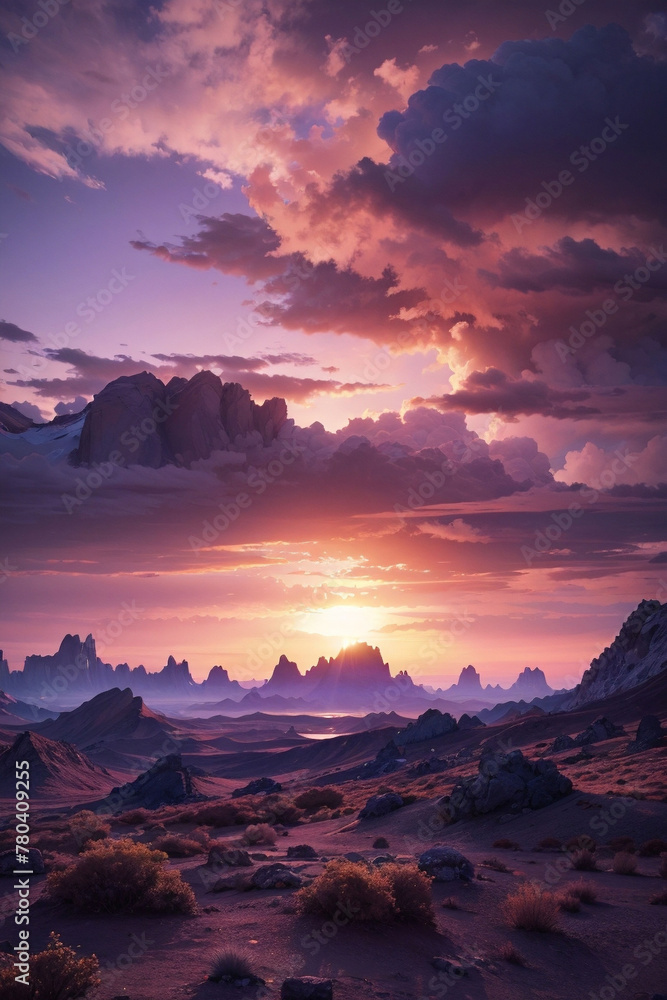AI generated illustration of a majestic sunrise over a stunning mountain range, adorned with fog