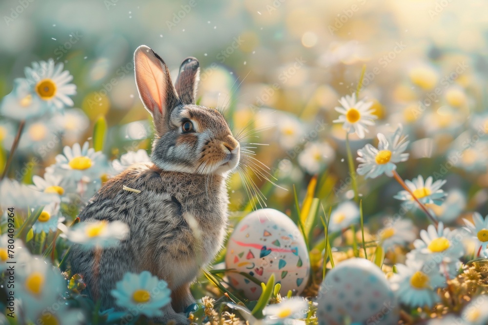 bunny in grass with painted eggs on its head in the middle bunny in grass with painted eggs on its head in the middle