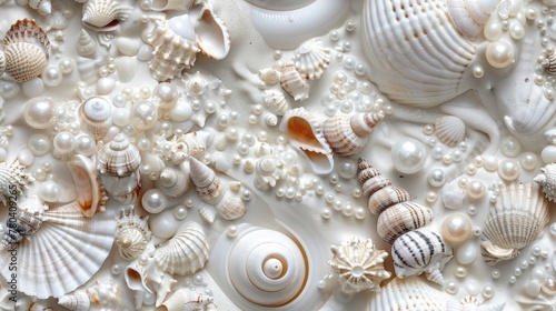 seashells, pearls, and beads meticulously arranged to form an intricate pattern, evoking the serene ambiance of the ocean bottom in a detailed and realistic texture. SEAMLESS PATTERN