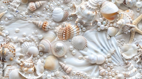 seashells, pearls, and beads meticulously arranged to form an intricate pattern, evoking the serene ambiance of the ocean bottom in a detailed and realistic texture. SEAMLESS PATTERN