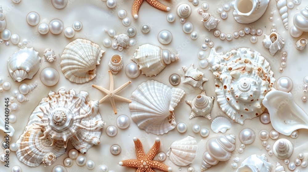 seashells, pearls, and beads meticulously arranged to form an intricate pattern, evoking the serene ambiance of the ocean bottom in a detailed and realistic texture. SEAMLESS PATTERN seashells, pearls, and beads meticulously arranged to form an intricate pattern, evoking the serene ambiance of the ocean bottom in a detailed and realistic texture. SEAMLESS PATTERN