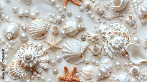 seashells, pearls, and beads meticulously arranged to form an intricate pattern, evoking the serene ambiance of the ocean bottom in a detailed and realistic texture. SEAMLESS PATTERN