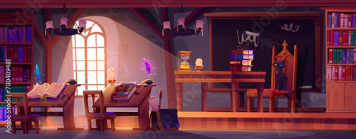 Magic school room interior for wizard and witch study. Cartoon vector medieval classroom with furniture and equipment - desk and chair, chalkboard and books, ink with feather, black cat teacher. photo
