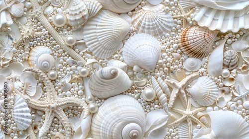 seashells, pearls, and beads meticulously arranged to form an intricate pattern, evoking the serene ambiance of the ocean bottom in a detailed and realistic texture. SEAMLESS PATTERN