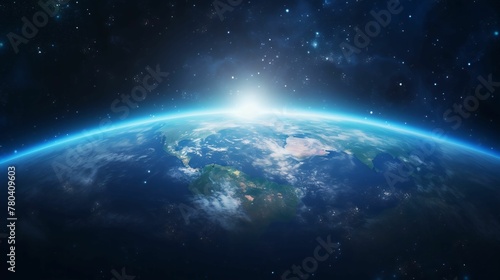 AI generated illustration of a stunningly beautiful aerial view of the Earth, illuminated by a light