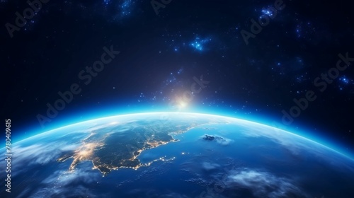 AI generated illustration of a stunningly beautiful aerial view of the Earth  illuminated by a light