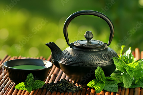 Tranquil Tea Time: Black Iron Teapot, Mint Leaves, and Green Tea Outdoors