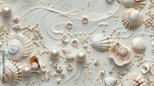 seashells, pearls, and beads meticulously arranged to form an intricate pattern, evoking the serene ambiance of the ocean bottom in a detailed and realistic texture. SEAMLESS PATTERN