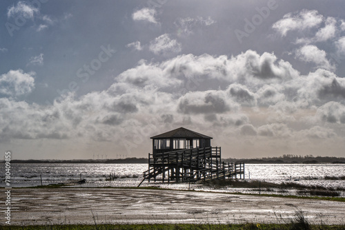Bird watch tower in flooded Skjern meadows protected wild life area, Denmark