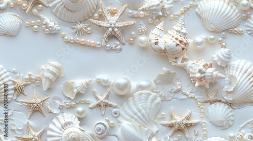 seashells, pearls, and beads meticulously arranged to form an intricate pattern, evoking the serene ambiance of the ocean bottom in a detailed and realistic texture. SEAMLESS PATTERN