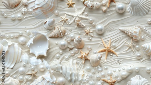 seashells, pearls, and beads meticulously arranged to form an intricate pattern, evoking the serene ambiance of the ocean bottom in a detailed and realistic texture. SEAMLESS PATTERN
